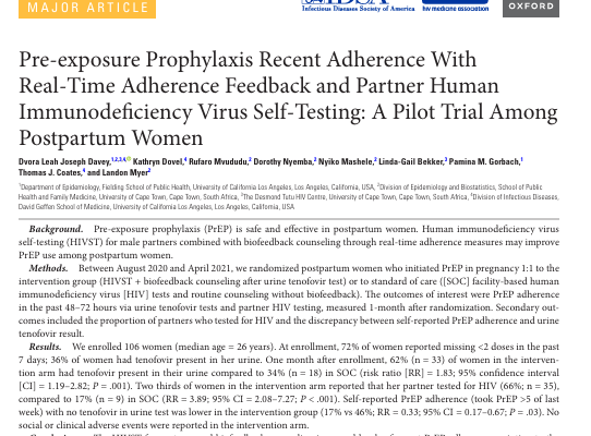 Pre-exposure Prophylaxis Recent Adherence With Real-Time Adherence Feedback and Partner Human Immunodeficiency Virus Self-Testing: A Pilot Trial Among Postpartum Women