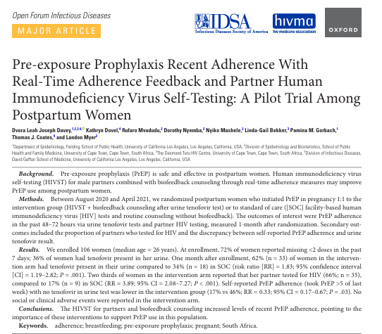Pre-exposure Prophylaxis Recent Adherence With Real-Time Adherence Feedback and Partner Human Immunodeficiency Virus Self-Testing: A Pilot Trial Among Postpartum Women