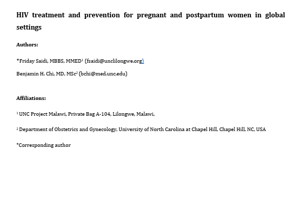 Human Immunodeficiency Virus Treatment and Prevention for Pregnant and Postpartum Women in Global Settings