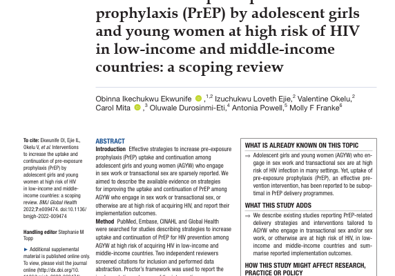 Interventions to increase the uptake andcontinuation of pre-exposureprophylaxis (PrEP) by adolescent girlsand young women at high risk of HIVin low-income and middle-incomecountries: a scoping review