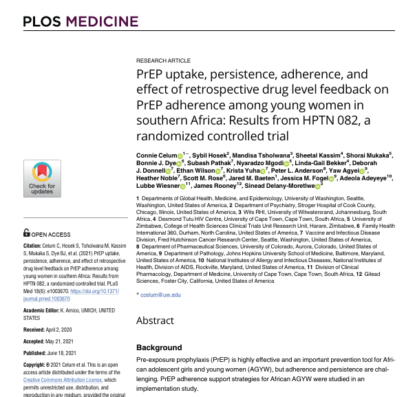 PrEP uptake, persistence, adherence, and effect of retrospective drug level feedback on PrEP adherence among young women in southern Africa: Results from HPTN 082, a randomized controlled trial