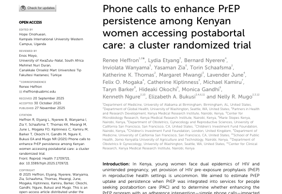 Phone calls to enhance PrEP persistence among Kenyan women accessing postabortal care: a cluster randomized trial