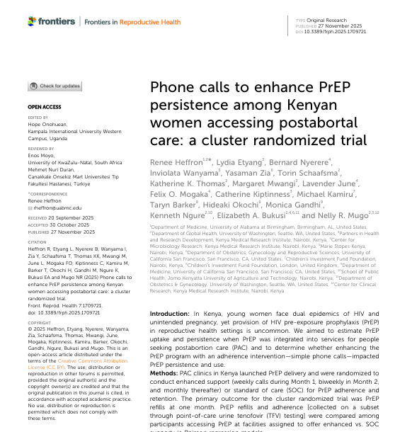 Phone calls to enhance PrEP persistence among Kenyan women accessing postabortal care: a cluster randomized trial