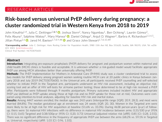 Risk‐based versus universal PrEP delivery during pregnancy: a cluster randomized trial in Western Kenya from 2018 to 2019