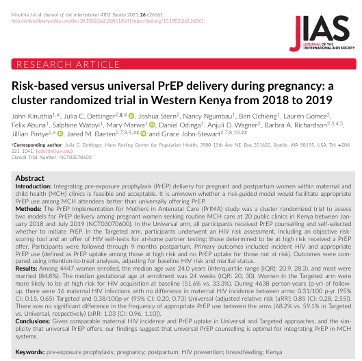 Risk‐based versus universal PrEP delivery during pregnancy: a cluster randomized trial in Western Kenya from 2018 to 2019
