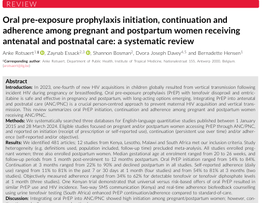 Oral pre-exposure prophylaxis initiation, continuation and adherence among pregnant and postpartum women receiving antenatal and postnatal care: a systematic review