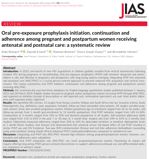 Oral pre-exposure prophylaxis initiation, continuation and adherence among pregnant and postpartum women receiving antenatal and postnatal care: a systematic review