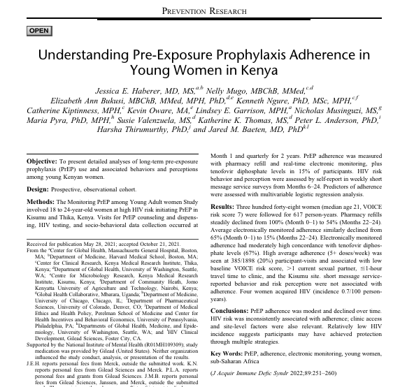 Understanding Pre-Exposure Prophylaxis Adherence in Young Women in Kenya