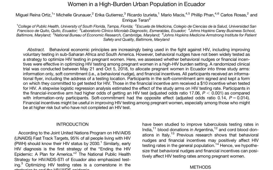 Financial Incentives, Not Behavioral Nudges, Led to Optimized HIV Testing among Pregnant Women in a High-Burden Urban Population in Ecuador